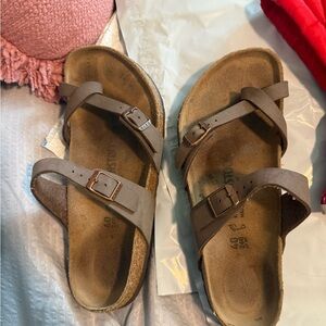 Birkenstock Taupe Brown Leather Two-Strap Sandals